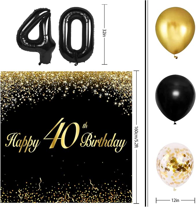 Happy 40th Birthday Balloons Black Set Decor - Cheers to 40 Years Old Party Theme Garland Banner Backdrop Decorations For Women and Men Supplies
