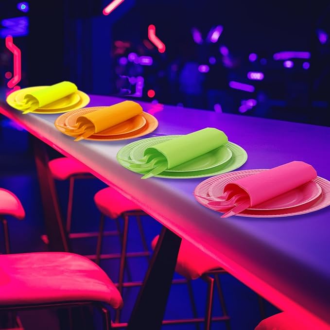 Tioncy 350 Pcs Neon Glow Party Supplies Serves 50, Including Disposable 9 Inch 7 Inch Paper Plates Napkins Cups and Plastic Forks Knives Spoons for Neon Party Decorations Fiesta Birthday Supplies