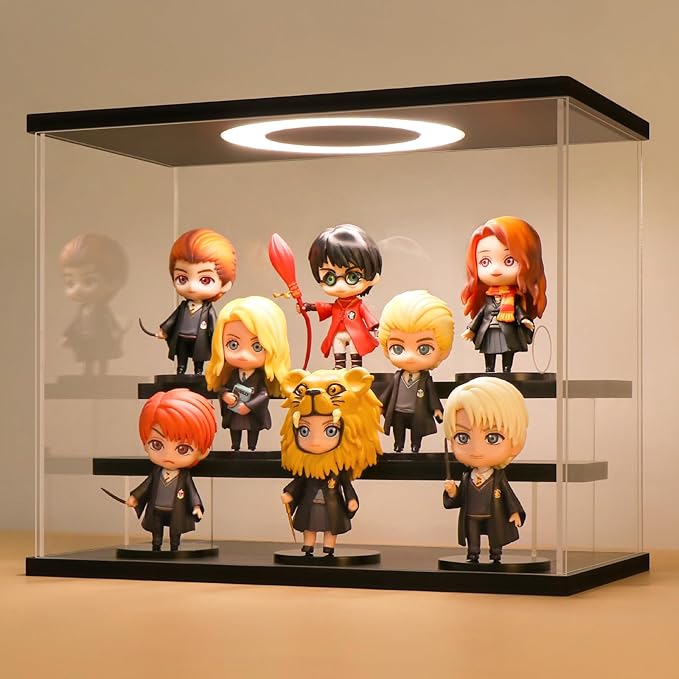 LASOA Acrylic Display Case with Adjustable LED Lights, 3 Tier Clear Display Box for Action Figures and Collectibles, Self-Assembly Showcase with Black Base for Miniatures, 11.8x6.5x9.4inch