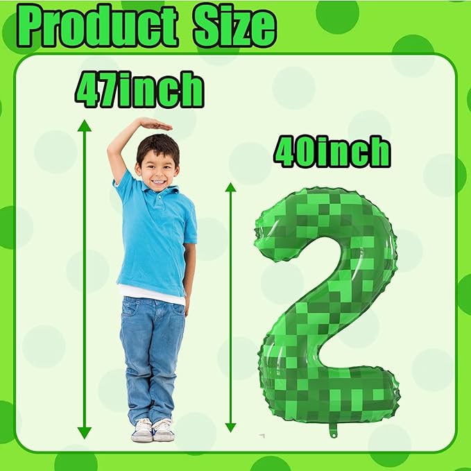 40 Inch Green Pixel Miner Theme Number Balloons Large Birthday Party Number Balloons Mining Gaming for Kids Birthday Party Decoration Supplies (Number 2)