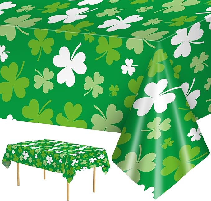 2 Pack St Patrick's Day Tablecloth - Green Shamrock Table Cloth, Plastic Disposable Rectangle Luck Irish Clover Table Cover for Saint Patrick Day Table Decorations and Party Decor, 108 x 54 Inch