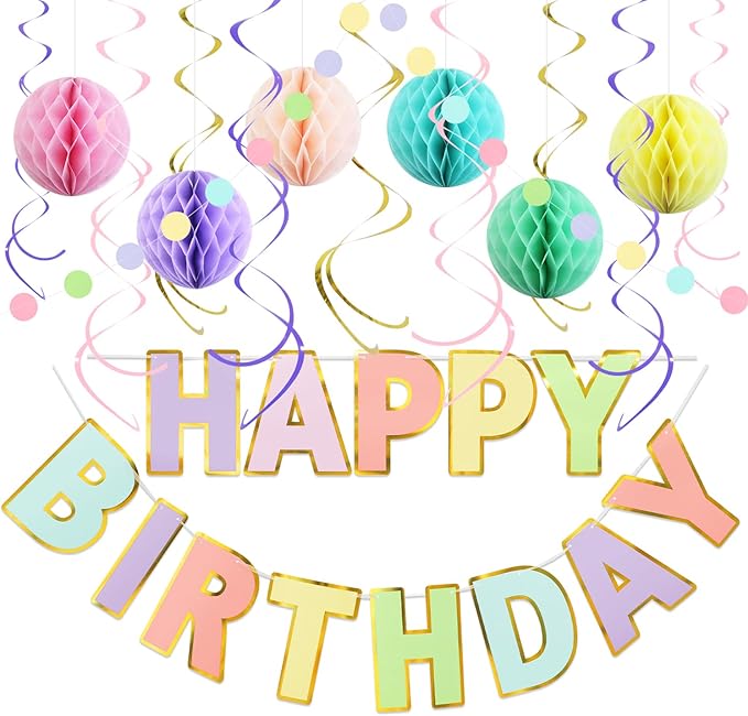 Pastel Birthday Decorations Kit - 17-Piece Set with Pre-Strung Happy Birthday Banner, Honeycomb Balls, Garland & Swirls | Macaron Theme Party Supplies for Women Girls Kids, Teens Adults