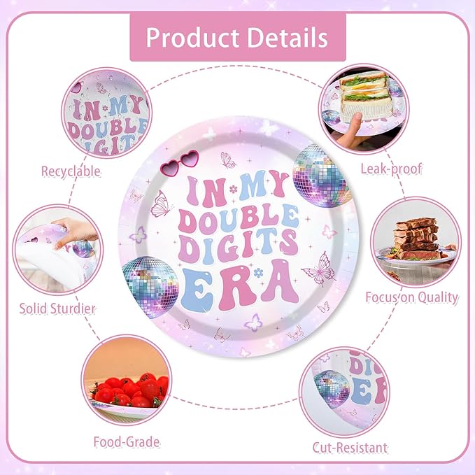 MEHOFOND 193pcs 10th Birthday Party Supplies for Girls, In My Double Digits Era Tableware Set with Plates Napkins Cups Tablecloth, Iridescent Disco Music Theme Birthday Decorations, Serves 24