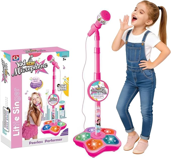 Karaoke Machine for Kids, Wireless Kids Microphone with Stand, Kids Star Microphone with Adjustable Stand & Led Lights, Battery Powered, for Girls Boys Singing Interaction (Pink)