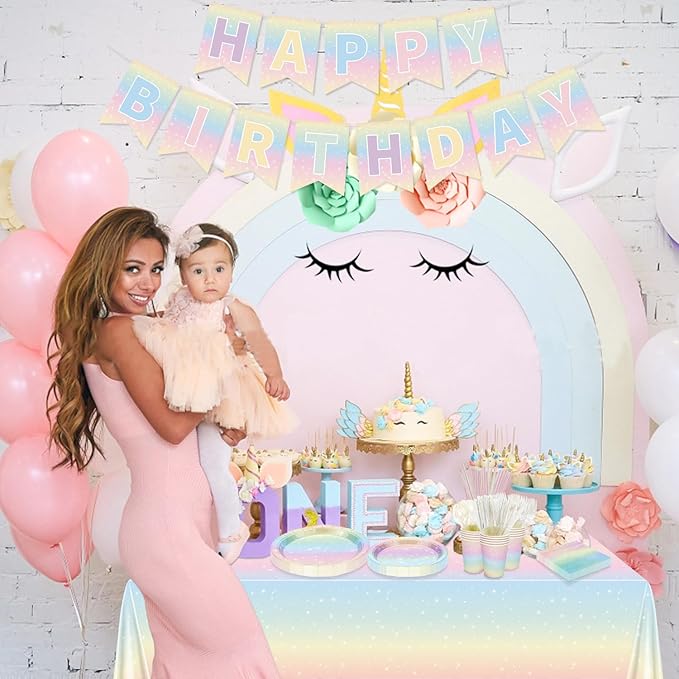 Pastel Rainbow Birthday Party Supplies, Includes Happy Birthday Banner, Tablecloth, Plates, Napkins, Cups, Knives, Forks, Spoons, Straws for Girls Birthday Party Decorations, Serves 20 Guests
