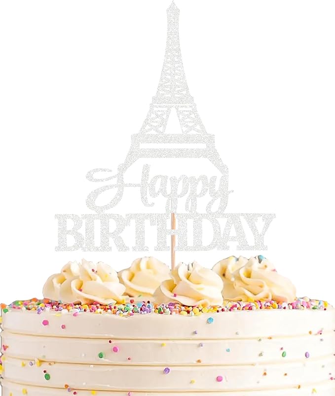 Eiffel Rower Birthday Cake Topper - Silver Glitter Eiffel Rower Theme Birthday Party Cake Decoration Supply - Boy or Girl Architecture Theme Party Cake Decor Photo Prop