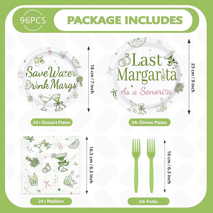 96Pcs Margs and Matrimony Bachelorette Party Decorations Save Water Drink Margs Plates and Napkins Last Margarita as A Senorita Decoration for Mexican Bridal Shower Tacos Tequila Supplies Serve 24