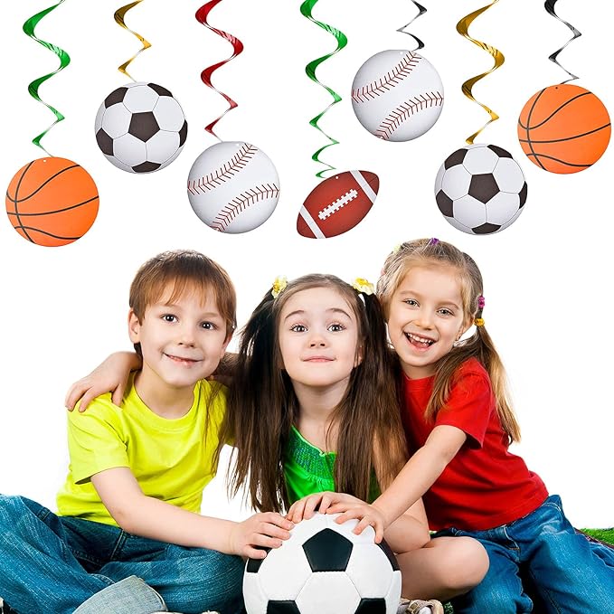 48 Pieces Sports Hanging Swirl Decorations Baseball Basketball Football Soccer Hanging Whirls Ceiling Streamers Colorful Swirls Streamers for Birthday Sport Party Supplies