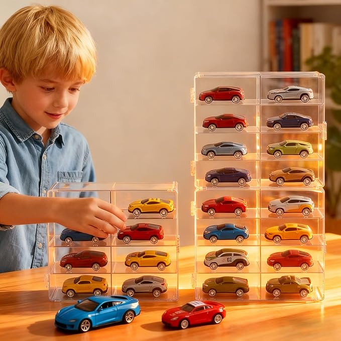 4-Pack Clear Display Case for 1/64 Scale Die-Cast Cars, Compatible with Hot Wheels & Matchbox, Wall-Mountable & Stackable Toy Car Storage Boxes, Holds 32 Cars, Dustproof, 6.5 × 7.5 × 1.6 in