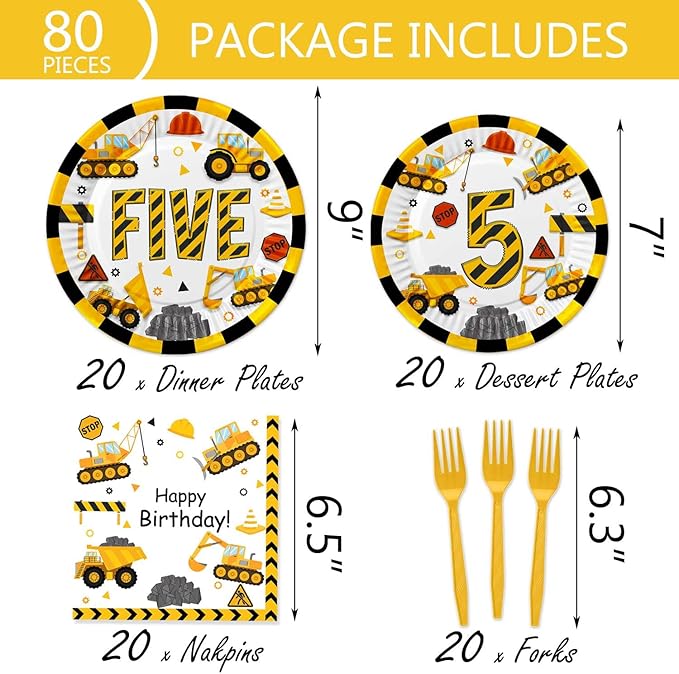 118pcs Construction 5th Birthday Decor Construction Five Years Old Paper Dinner Plates Napkins Forks Cups Tablecloth Banner Dinnerware for Dump Truck Theme Fifth Bday Party Supplies Decorations