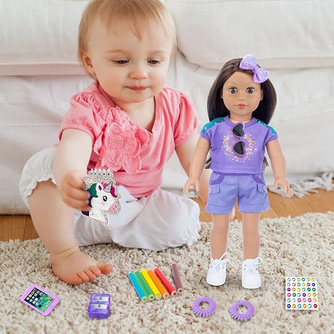 18 Inch Girl Doll Clothes and Accessories School Supplies Playset with Clothes Set, School Bags, Sunglasses, Pencils, Pencil Sharpener, Notebooks, Phone, Hair Clip, Stickers （No Dolls）