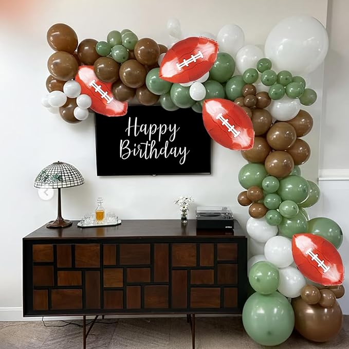 Football Balloon Arch Kit,Sage Green White Coffee Balloons with Football Foil Balloon for Boy First Year Birthday Sport Party Decorations Baby Shower Graduation Sport Themed Party Supplies