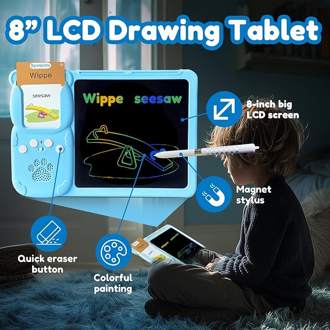 Drawing Tablet with Bilingual Flashcards for Kids - German English Talking Flash Cards, LCD Writing Pad Board, Pocket Speech for Toddlers, Learning Toy Gift for Boys Girls (German, Blue)