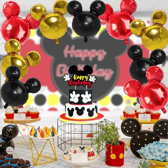 9Pack Mouse Party Foil Balloons, 27” Black Red Yellow Balloons for Cartoon Mouse Party, Baby Shower, Kids Birthday Theme Party Decoration Supplies