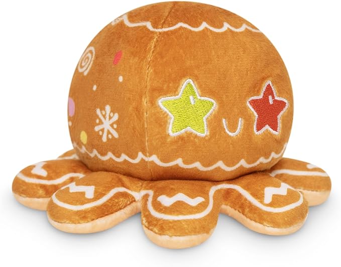 TeeTurtle Reversible Octopus Plushie 4-Inch Gingerbread Two-Sided Flip Plush Toy with Embroidered Details - Cute Mini Collectible Plush for Kids, Teens, and Adults
