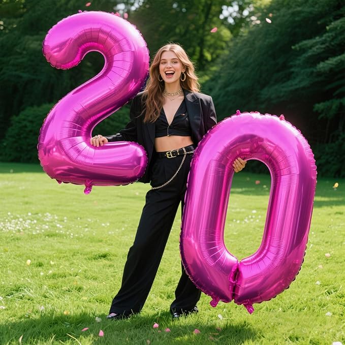 40 Inch Large 20 Balloon Numbers Rose Purple Big Foil Number Balloons Giant Helium Happy Birthday Party Decorations for Man and Women, Huge Mylar Anniversary Party Supplies