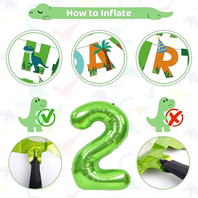 Amandir Dinosaur 2nd Birthday Party Decorations for Boys Girls, Foil Green Star Number 2 Dinosaur Balloons with Happy Birthday Banner Hanging Swirls for Dino Baby Shower Party Supplies