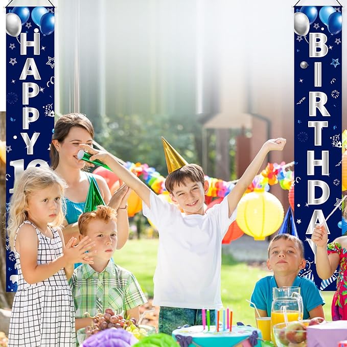 Blue Silver 10th Birthday Door Banner Decorations, Happy 10 Birthday Party Porch Banner Supplies for Boys, Sweet 10 Year Old Birthday Party Supplies
