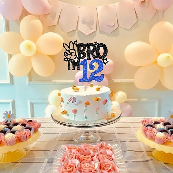 1 PCS Brother I'm 12 Cake Topper Glitter Star Happy 12th Birthday Cake Pick Bro I'm 12 Cake Decoration It's My 12th Birthday Decorations for Boys Cheers to 12 Years Old Birthday Party Supplies Blue