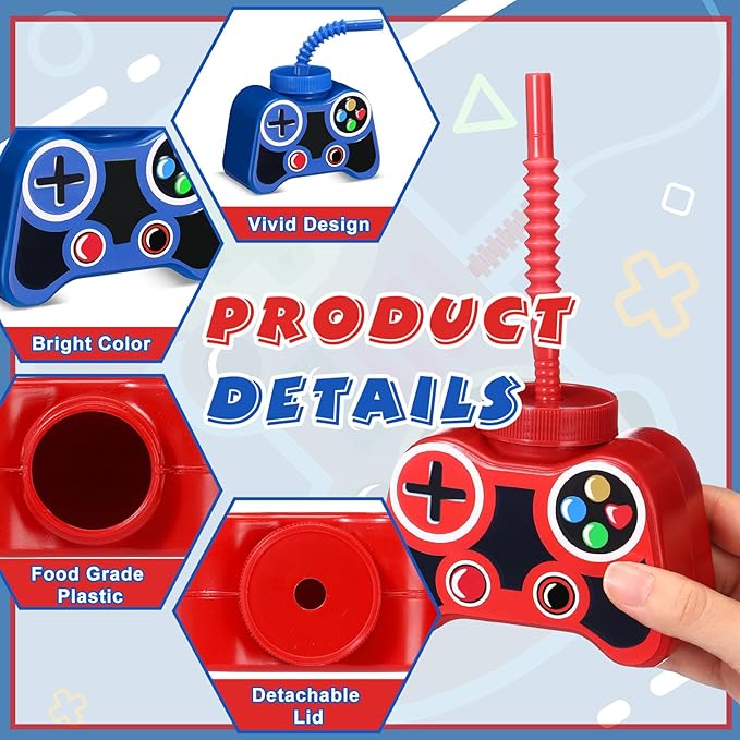Mifoci 24 Pcs Plastic Video Game Party Cups with Straw and Lid 10oz Gamer Birthday Themed Drink Cups 7th Video Game Party Favors for Kids Toddlers Gamer Birthday Supplies (Classic Color)