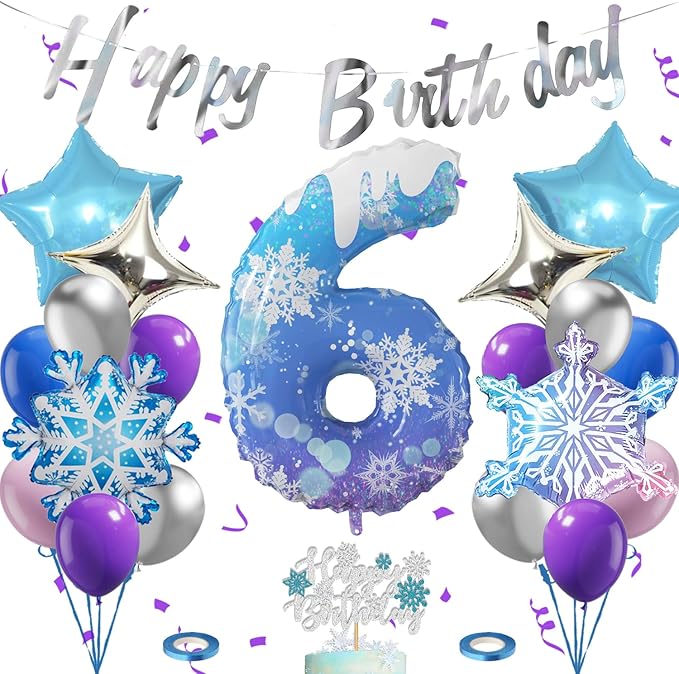 40 Inch Frozen Balloons number 6 Birthday Balloon,2 Giant snowflake foil balloons, 2 blue and silver star foil balloons Frozen Theme Party Supplies Winter Party Decoration For Girl's Birthday