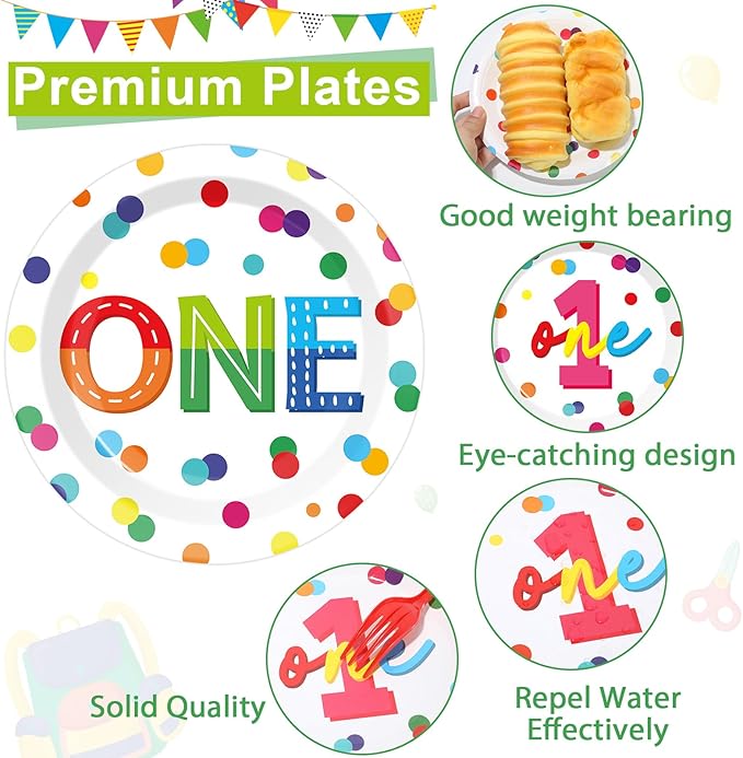 CHUNNIN 96pcs Rainbow 1st Birthday Plates and Napkins Confetti Happy Birthday Party Decorations with Polka Dot Confetti Dessert Plates Colorful 1st Tableware for 24 Guests 1 Year Old Party Supplies