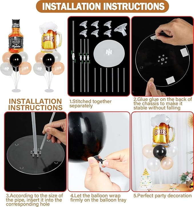 Vintage Aged To Birthday Party Balloons Stand Kit 2 Sets With 2 Black and Gold Cheer Ball Foil Balloons Centerpiece for Tables for Men and Women Party Supplies Baby Shower Birthday Themed Decorations