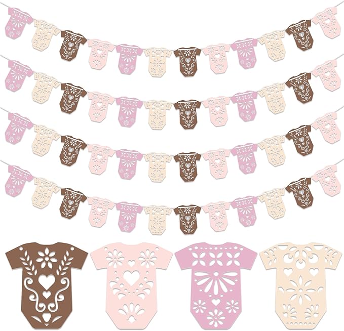 4 Set Cielito Lindo Baby Shower Garland 48 Pcs Pink Papel Picado Party Decorations Mexican Lace Baby Bodysuit Banner Card with Hanging String for Gender Neutral Party Supplies