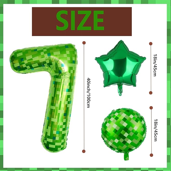 40 Inch Green Pixel Miner Number 7 Foil Balloon Set 5Pcs Large Mylar Mining Theme 7th Number Balloons Pixel Cubes Video Game Birthday Party Decorations