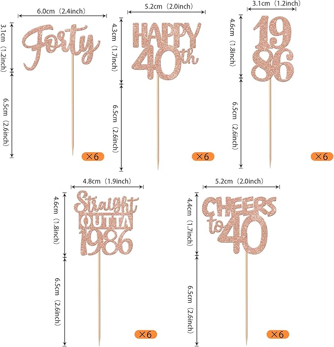30PCS 40th Birthday Cupcake Toppers Glitter Forty Happy 40th Straight Outta 1986 Cupcake Picks for Cheers to 40 Years Birthday Wedding Anniversary Party Decorations Supplies Rose Gold