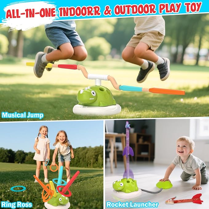 Indoor Outdoor Games for Kids Easter, 3 in 1 Musical Jump, Ring Toss Game & Stomping Rocket Launcher for Kids, Dinosaur Sports & Outside Play Activities Toys with Remote Control for Toddlers 4-8