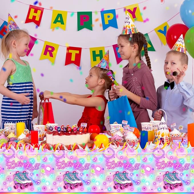 GREHUMOR 3pcs Roller Skating Table Covers Roller Skater Birthday Party Decorations Skate Table Covers Let's Roll Colorful Tablecloth Roller Skating Theme Party Supplies