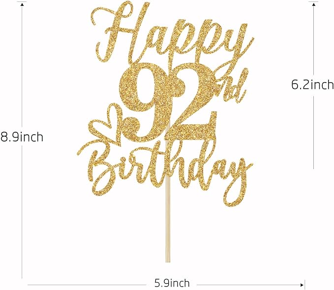 Happy 92nd Birthday Cake Topper - Cheers to 92 Years, Fabulous Gold Glitter Party Supplies
