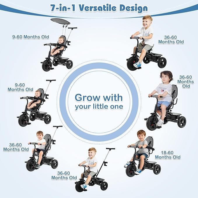 BABY JOY Toddler Tricycle, 7 in 1 Push Trike w/Adjustable Canopy, Parent Push Handle, Seat & Footrests, 5-Point Safety Harness and All-Terrain EVA Wheels, Kids Stroller Bike for 9-60 Months (Gray)