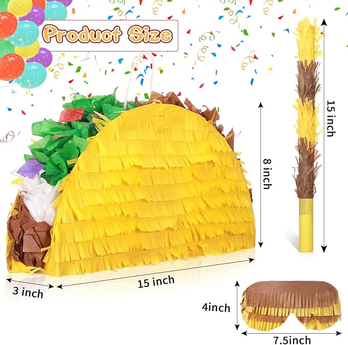Sratte Taco Piñata Set Mexican Birthday Party Decorations Cinco De Mayo Fiesta Theme Taco Pinata with Plastic Stick and Blindfold for Mexican Themed Party Supplies Favors, 15 x 8 x 3 Inches