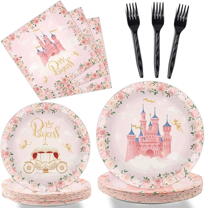 96 Pcs Princess Party Supplies - Pink Floral Tableware Set With Plates and Napkins for Girls Birthday Baby Shower - Decorations and Favors Serving 24