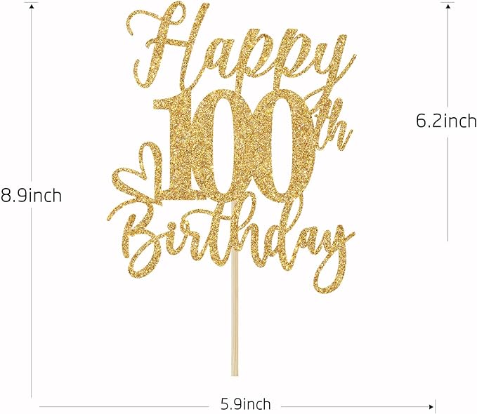 Happy 100th Birthday Cake Topper, 100th Birthday Decorations for Men/Women, Cheers to 100 Years, 100 Fabulous, 100th Birthday Party Supplies Gold Glitter