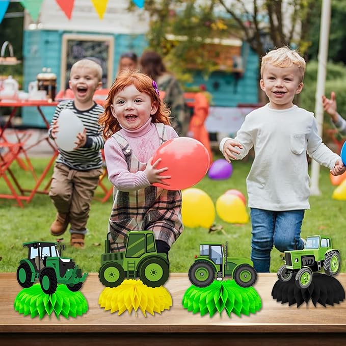 8 Pcs Farm Green Tractor Party Decoration, Farm Tractor Theme Honeycomb Centerpieces 3D Double Sided Table Decorations, Photo Booth Props for Kids Boys Girls Birthday Party Supplies