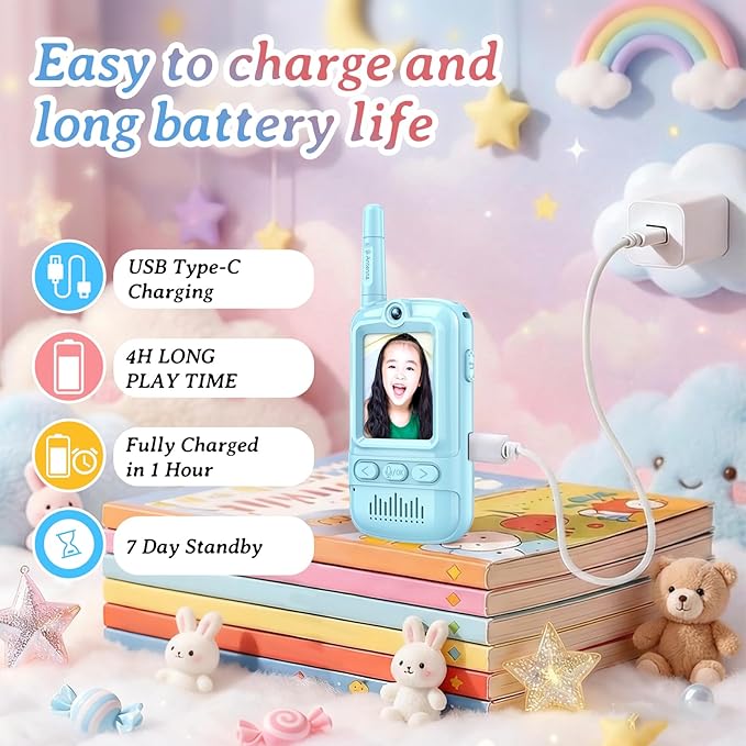 Video Walkie Talkies for Kids Rechargeable Walkie Talkies Long Range with Emoji Chat and Photo Functions Multifunctional Indoor Outdoor Toys for Kids Christmas Birthday Gifts Blue