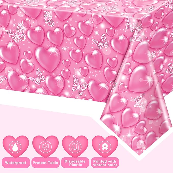 Peryiter 3 Pack 2000s Tablecloth Decorations Y2k Party Decarations Pink Table Cover Plastic Heart Butterfly Disposable Rectangle Tablecloth for Wedding Birthday Party Supplies 54 x 108 Inch