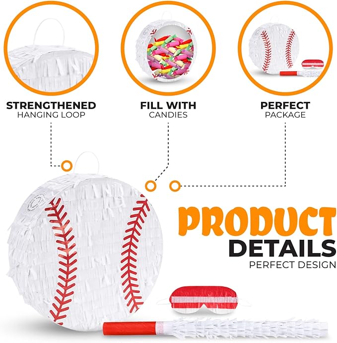 Baseball Pinata Bundle with a Blindfold and Bat (13"x13"x4"), Baseball Pinata for Boys, Perfect for Birthday Party, Sport Theme Party, Decoration