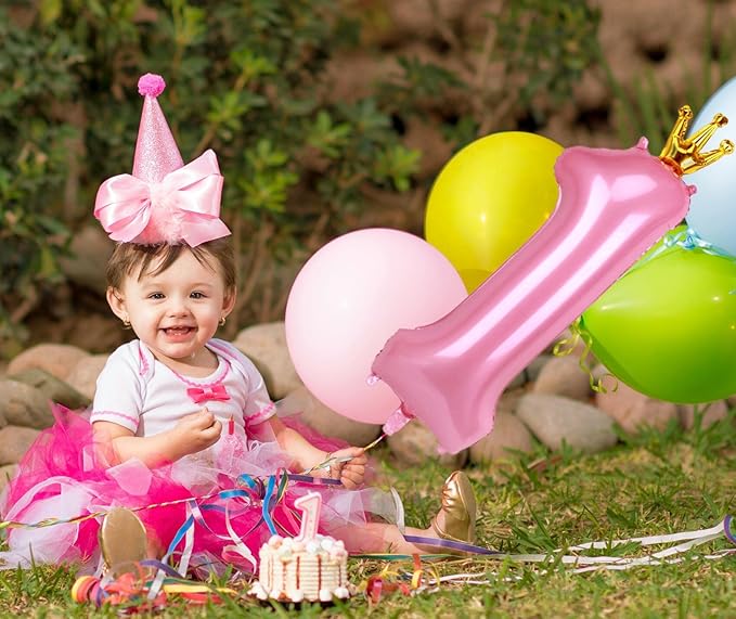 40 Inch Crown Pink Number 1 Balloon, Big Conjoined Baby Pink Foil Mylar Helium 1 Balloon | Girls 1st Birthday Balloon Pink Princess Theme Baby Shower First Birthday Party Decorations Supplies