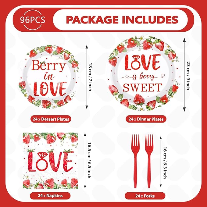 96Pcs Strawberry Bridal Shower Party Supplies Love is Berry Sweet Party Plates and Napkins Disposable Berry in Love Tableware Set for Women Bridal Shower Wedding Engagement Decorations Serves 24