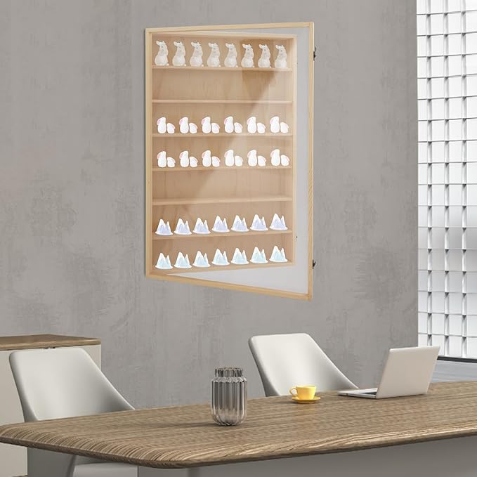 7 Tier Wall Mount Display Case, Wooden Wall Mount Display Case with Acrylic Glass Door and Metal Latch, Wall Mountable Shelving Unit for Action Figures Collectibles Toys Model Cars