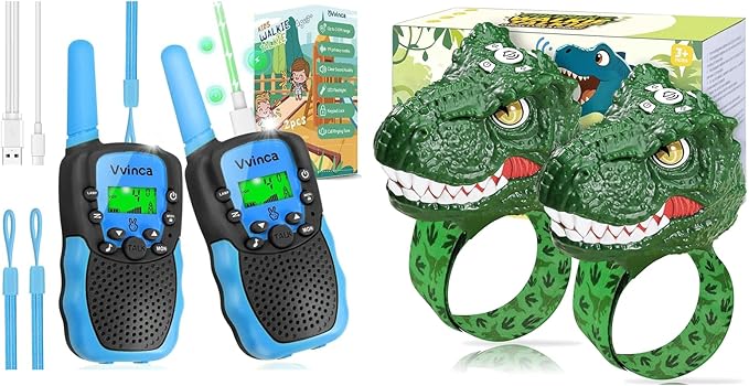 Vvinca Kids Walkie Talkies 4-Packs with 2 Dinosaur and 2 Rechargeable Long Range Walkie Talkies with Flashlight for Boys Girls Age 3-12 Ultimate Outdoor Adventure Gift Set