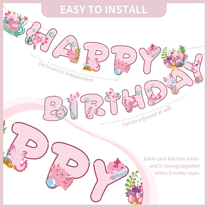 Axolotl Happy Birthday Banner - 12PC Pink Birthday Decor Backdrop Sign Party Supplies Set Cute Animals Photo Background Supplies Hanging Swirls Decorations Girls Boys Women Men Children Kids