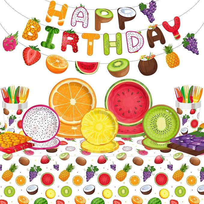 Fruit Birthday Decorations-143Pcs Fruit Theme Plates and Napkins Kit Summer Tutti Frutti Tableware Serves 20 Guests for Birthday Party