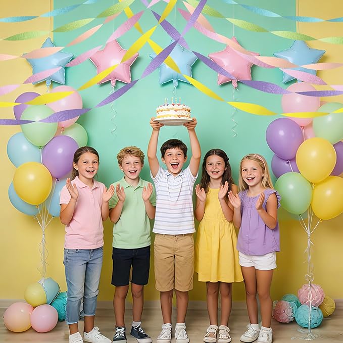 Pastel Rainbow Crepe Paper Streamers - 6 Rolls Macaron Party Streamer Decorations for Birthday, Baby Shower Easter Unicorn Mermaid Theme Supplies - Pink Blue Yellow Green Purple Peach Hanging Backdrop
