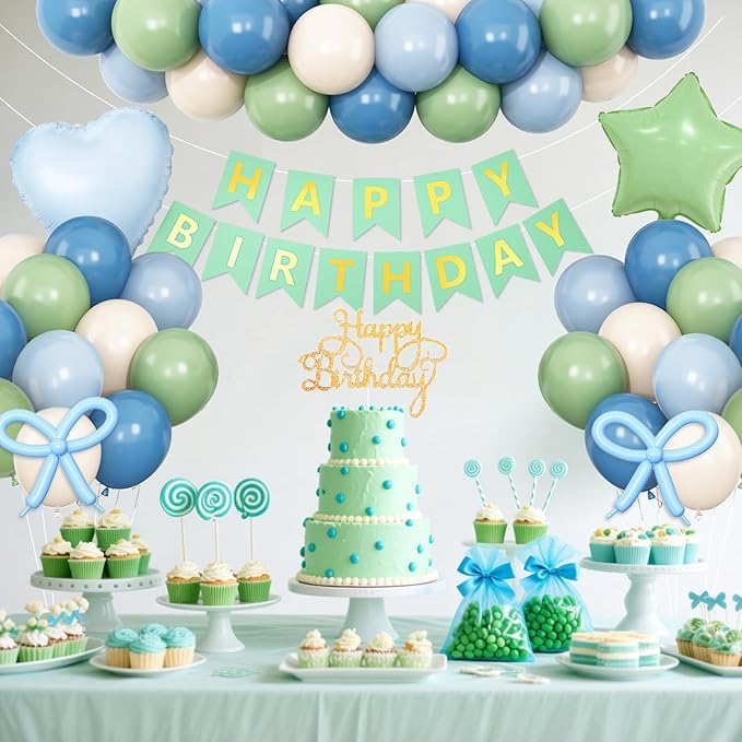Blue and Green Birthday Decorations,Dusty Blue Sage Green Balloons Banner Star Heart Foil Balloon for Boys Girls Birthday Wedding Baby Bridal Shower Jungle Party Decorations