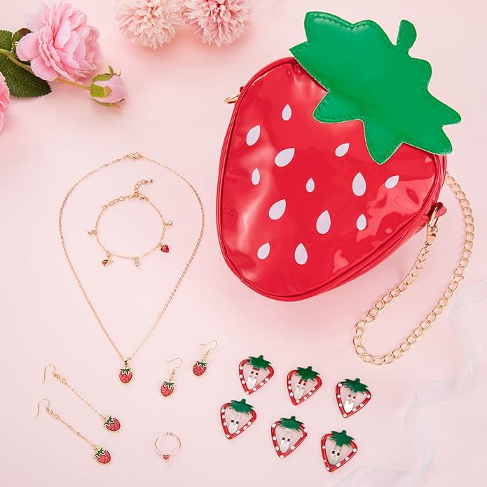 Strawberry Crossbody Bag Jewelry Set for Women Teen Girls, Strawberry Purse Cute Fruit Necklace Bracelet Earrings Ring Hair Clips Set Princess Dress up Pretend Play Jewelry Gifts